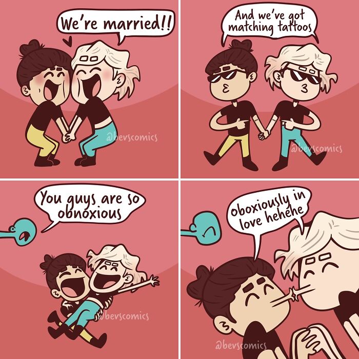 Comic about relationships featuring a couple celebrating marriage, matching tattoos, and playful banter.