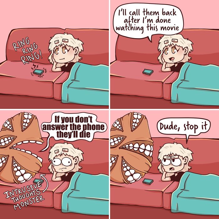 Comic about mental health with person confronting intrusive thoughts while relaxing on a couch.