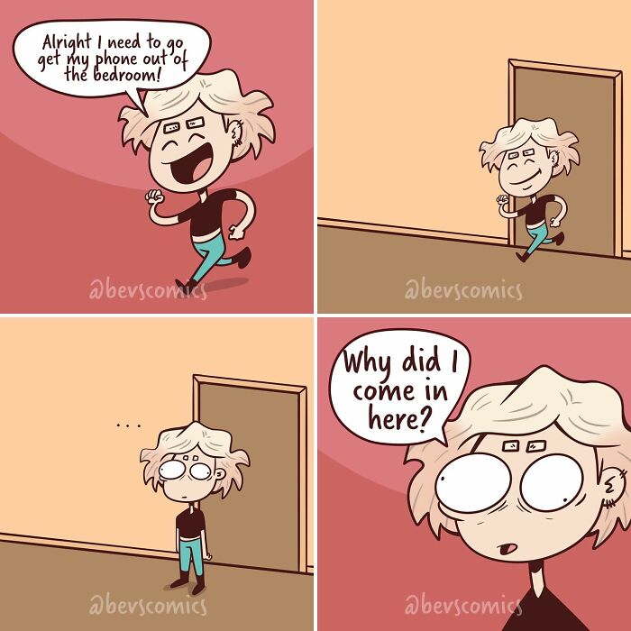 Comic about mental health: character forgets why they entered the room, expressing confusion.