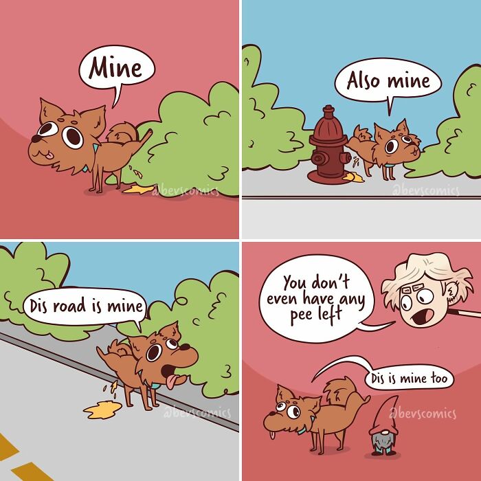 Comic about dog claiming territory, humorous take on relationships and everyday realities.