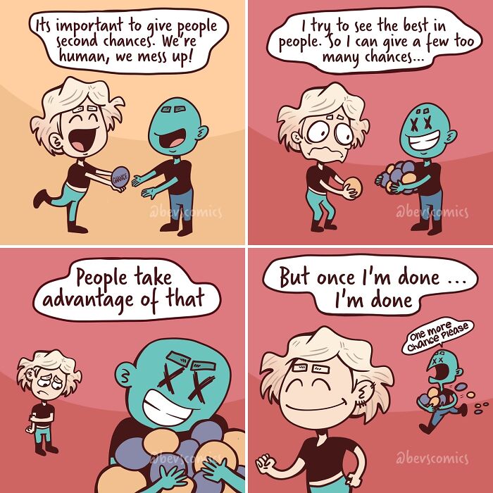 Comic about mental health and relationships, featuring characters discussing giving second chances and being taken advantage of.