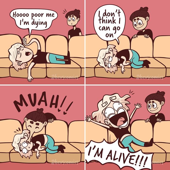 Comic about mental health, showing a person feeling dramatic, then revived with affection on a couch.
