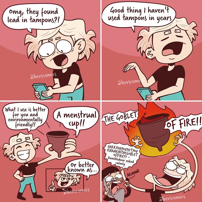 Comic about mental health and everyday realities with a character humorously discussing menstrual cups and tampons.