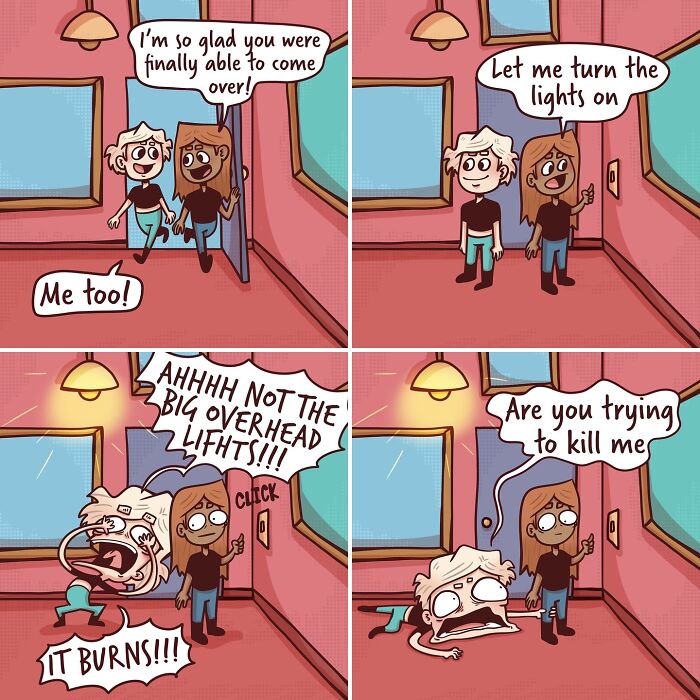 Comic about mental health showing exaggerated reaction to overhead lights.