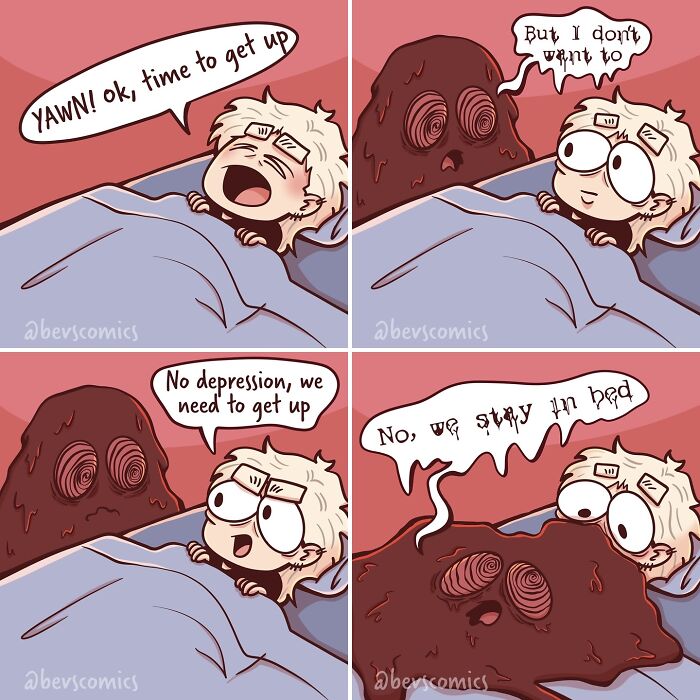 Comic about mental health showing a person in bed with a character representing depression.