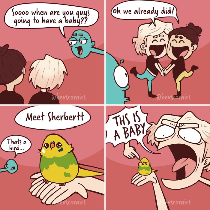 Comic about mental health and relationships, featuring a humorous take on having a bird as a baby.