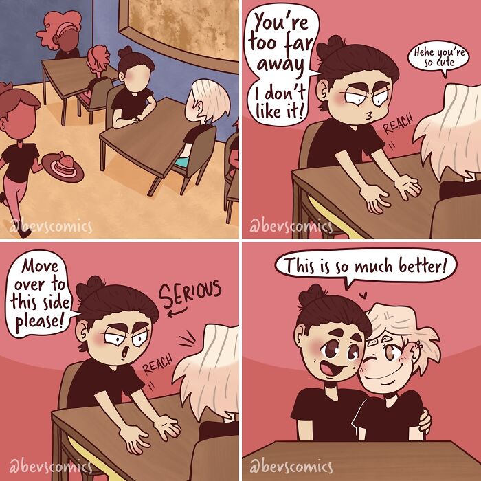 Comic about relationships shows two people adjusting seats to sit closer and smiling, highlighting everyday realities.