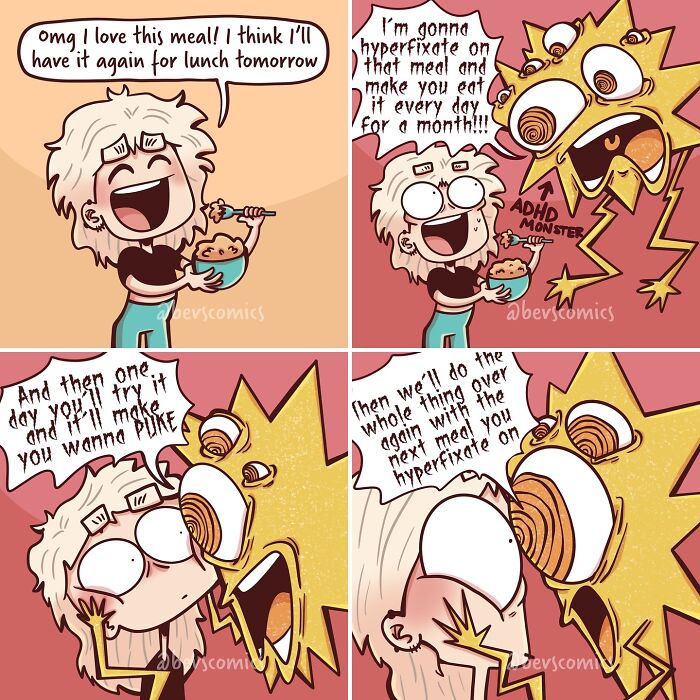 Comic about ADHD and food obsession, featuring a character eagerly planning to eat the same meal daily.