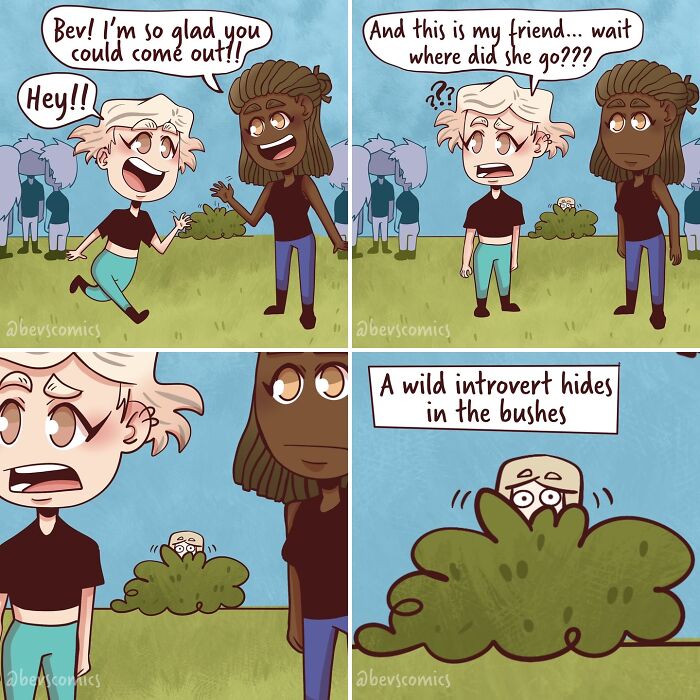 Comic about mental health and relationships showing an introvert hiding in bushes during a social event.