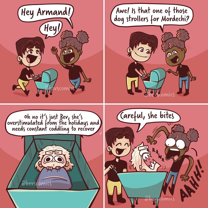 Comic about mental health featuring characters discussing a stroller with humorous dialogue about holiday overstimulation.