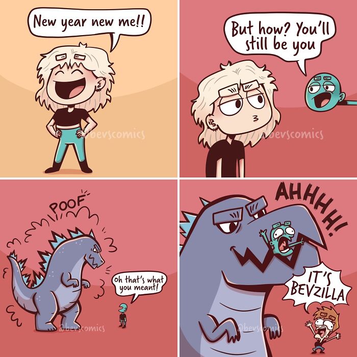 Comic strip depicting a humorous take on mental health and self-improvement with a character turning into a monster.