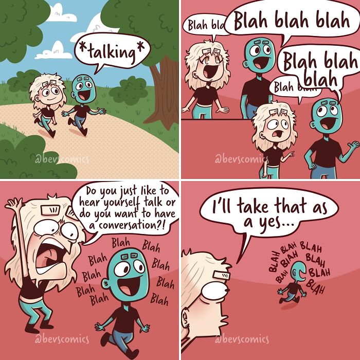 Comic about mental health and relationships: two characters walking, one talks excessively while the other reacts humorously.