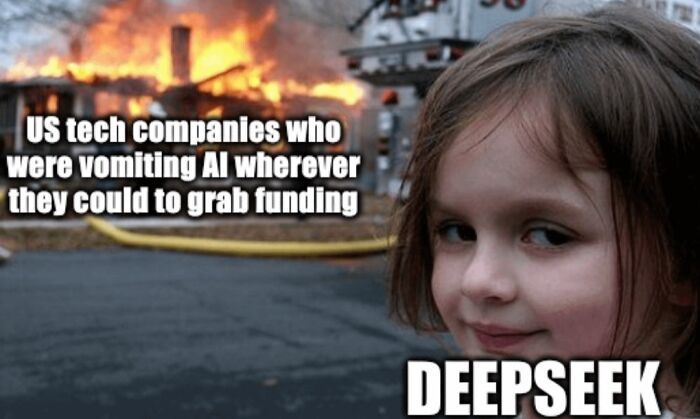DeepSeek meme with a smirking child in front of a burning house, highlighting chaos in AI chatbots.