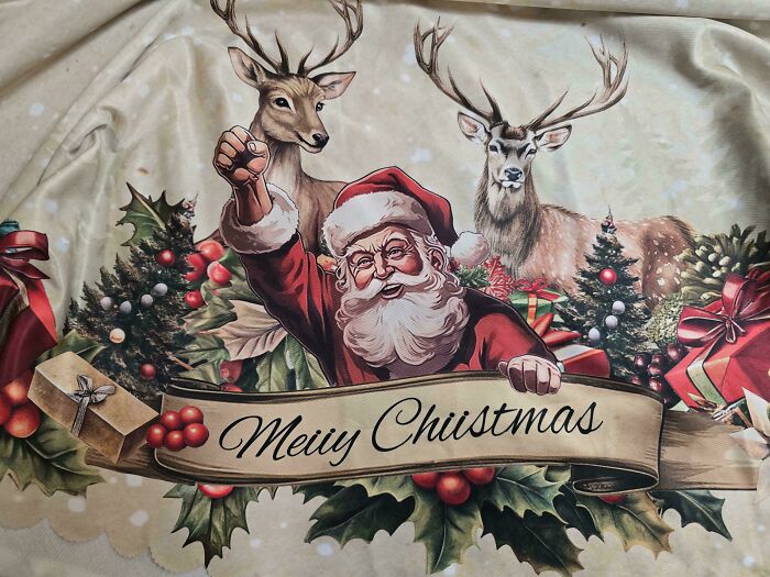 Santa with reindeer on a festive banner misspelled as "Meiry Chiistmas" amid a shopping scam fail.