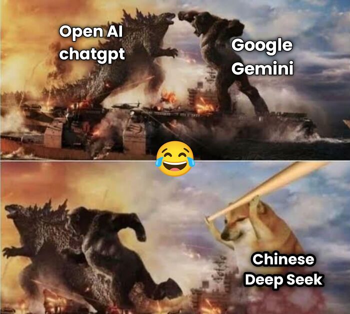 Godzilla and Kong labeled as "Open AI chatgpt" and "Google Gemini," interrupted by "Chinese Deep Seek" meme.