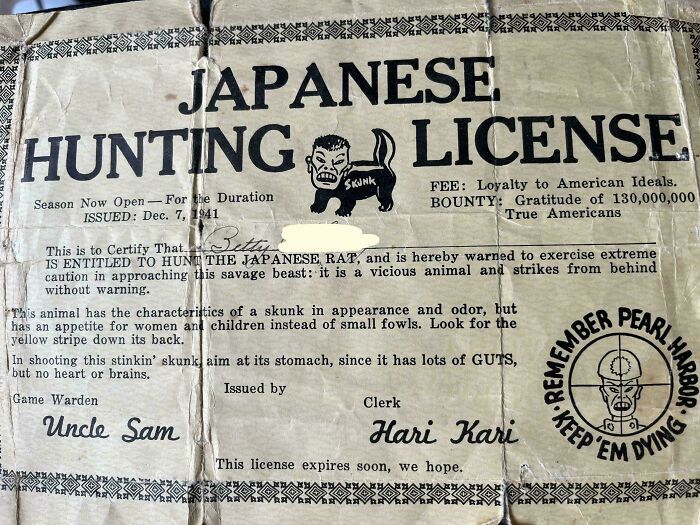 Vintage document titled "Japanese Hunting License" with offensive content, promoting World War II-era sentiments.