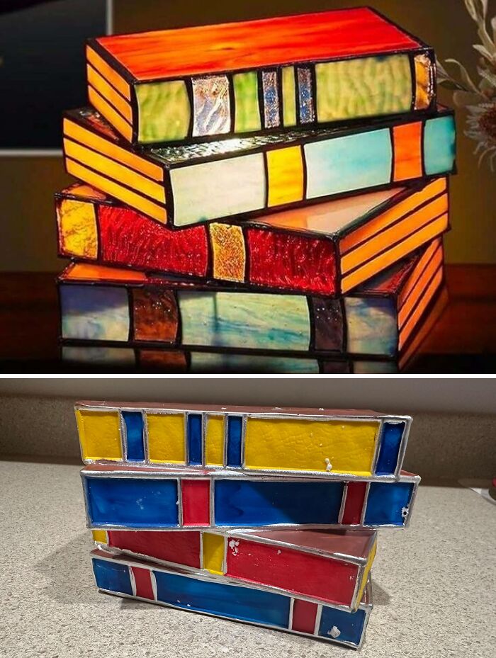 Stained glass book lamp showing online shopping fails in a funny comparison.