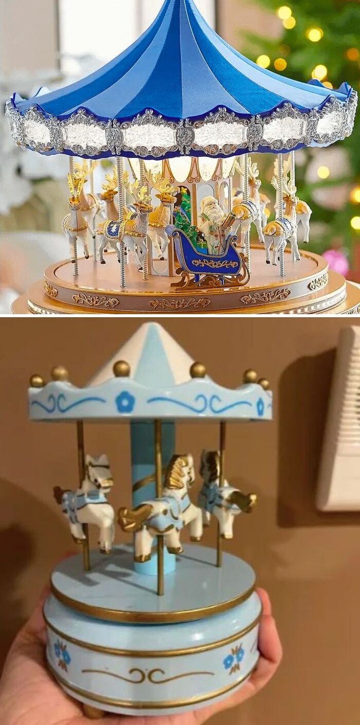 Funny online shopping fail with mismatched carousel purchase, showing expectation vs reality.