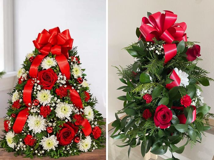 Online shopping fails: a mismatched flower arrangement with red bows and roses.