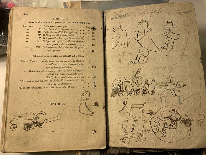 Old book with vintage sketches and text, showcasing cool-old-things in a nostalgic manner.