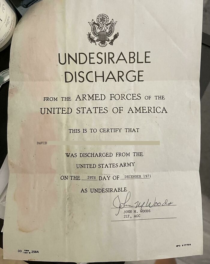 Undesirable discharge certificate from 1971, an example of cool old things related to military history.