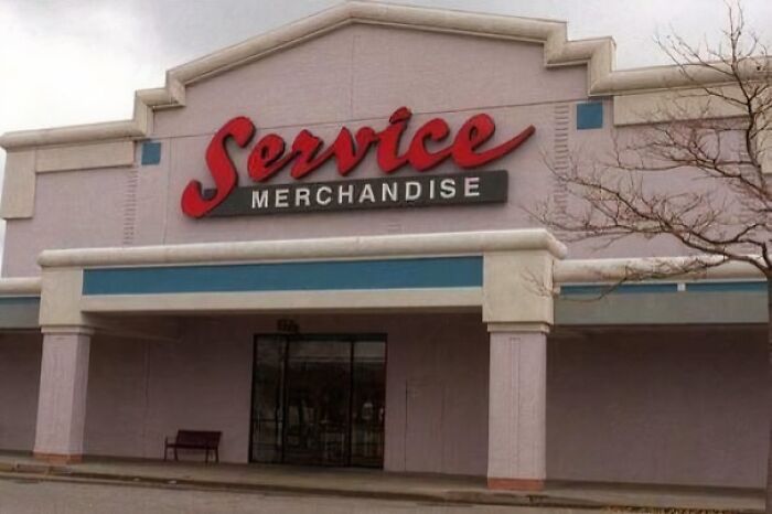 Service Merchandise storefront, evoking childhood nostalgia with its classic retro design.