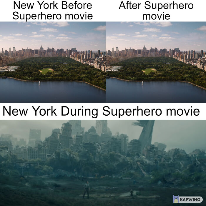 New York skyline before, after, and during superhero movie scene reflecting the United States of Memes theme.