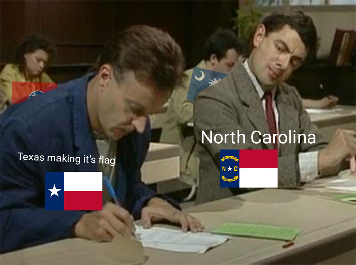 Meme of two men in a classroom, one labeled Texas with its flag, the other North Carolina, humorously depicting state identities.