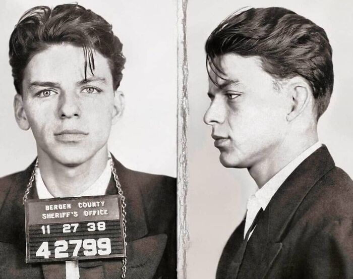 Young man in 1938 police mugshot from Bergen County Sheriff's Office, showcasing a piece of history cool kids might find intriguing.