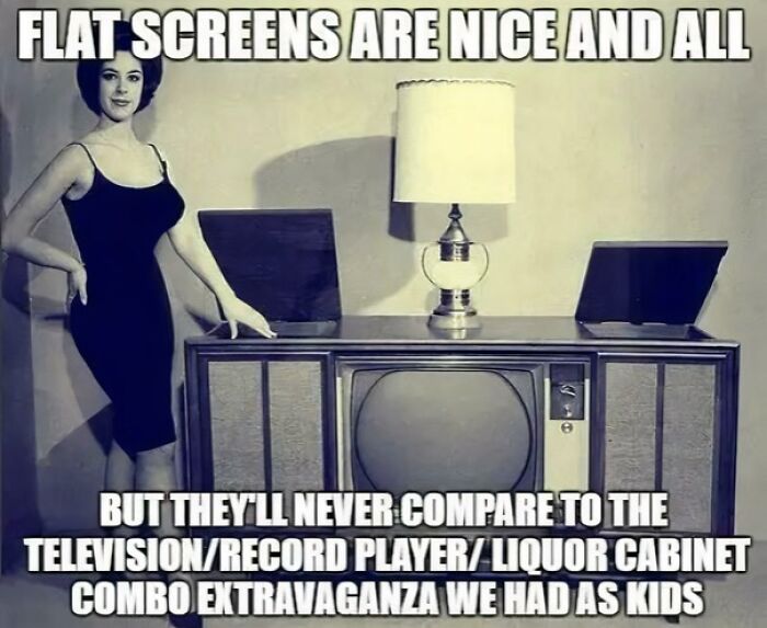 Vintage TV and record player combo with a woman posing beside, evoking childhood nostalgia.