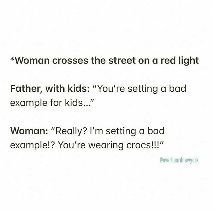 Text conversation screenshot of a wild NYC conversation about crossing on a red light and wearing crocs.