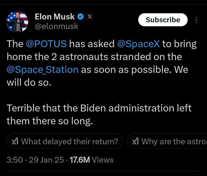 Elon Musk tweet criticizing Biden administration for delay in returning astronauts, showing a facepalm moment of common sense lacking.
