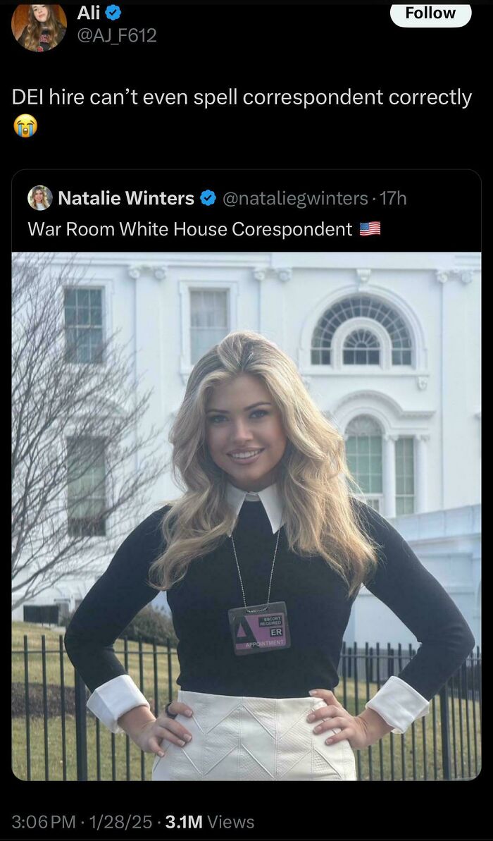 Tweet showing a woman standing confidently outside the White House, highlighting courage to tweet what others could not.