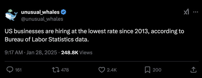 Tweet by unusual_whales on low US hiring rates since 2013; relates to recruiting challenges.