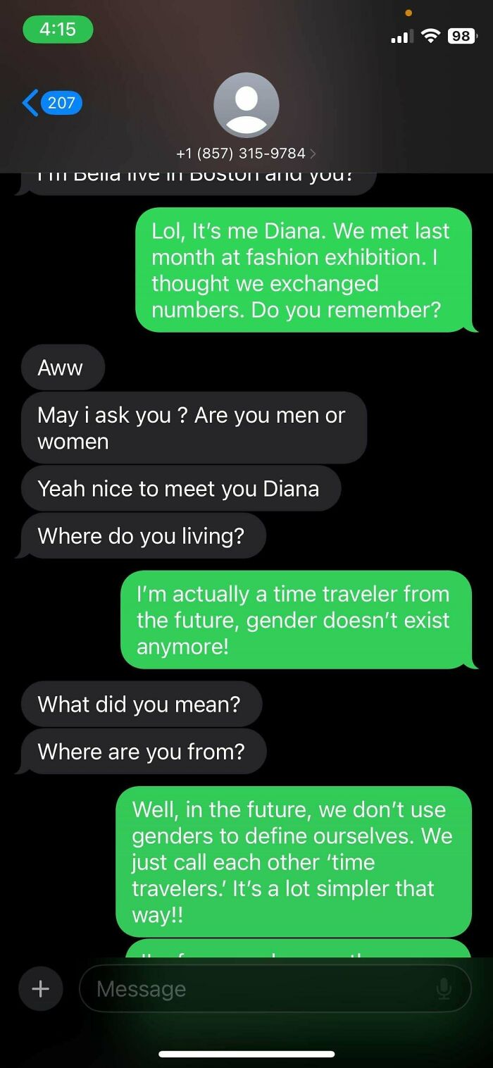 Hilariously unhinged wrong number texts about a supposed time traveler and gender in the future.