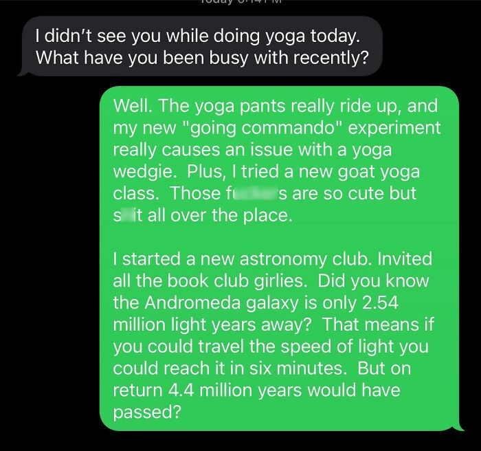 Unhinged wrong number text exchange discussing yoga pants and astronomy facts.