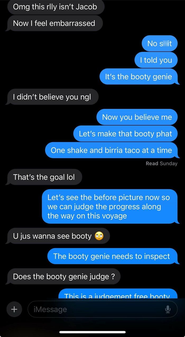 Hilarious wrong number text exchange about a "booty genie" with amusing misunderstandings and playful banter.