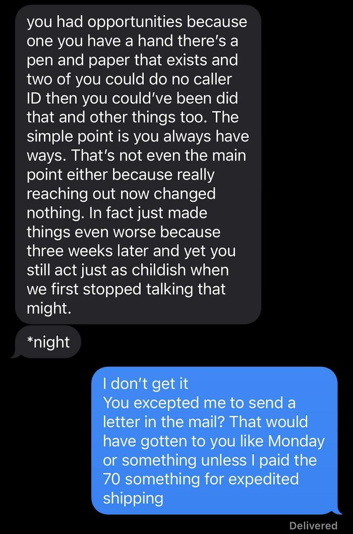 Two-person text exchange with disagreements, highlighting the need for a reality check.