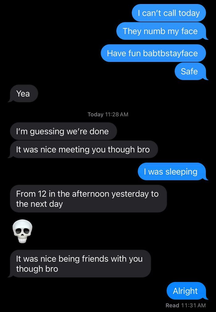 Text conversation showing a friendship ending with a skull emoji, needing a reality check.