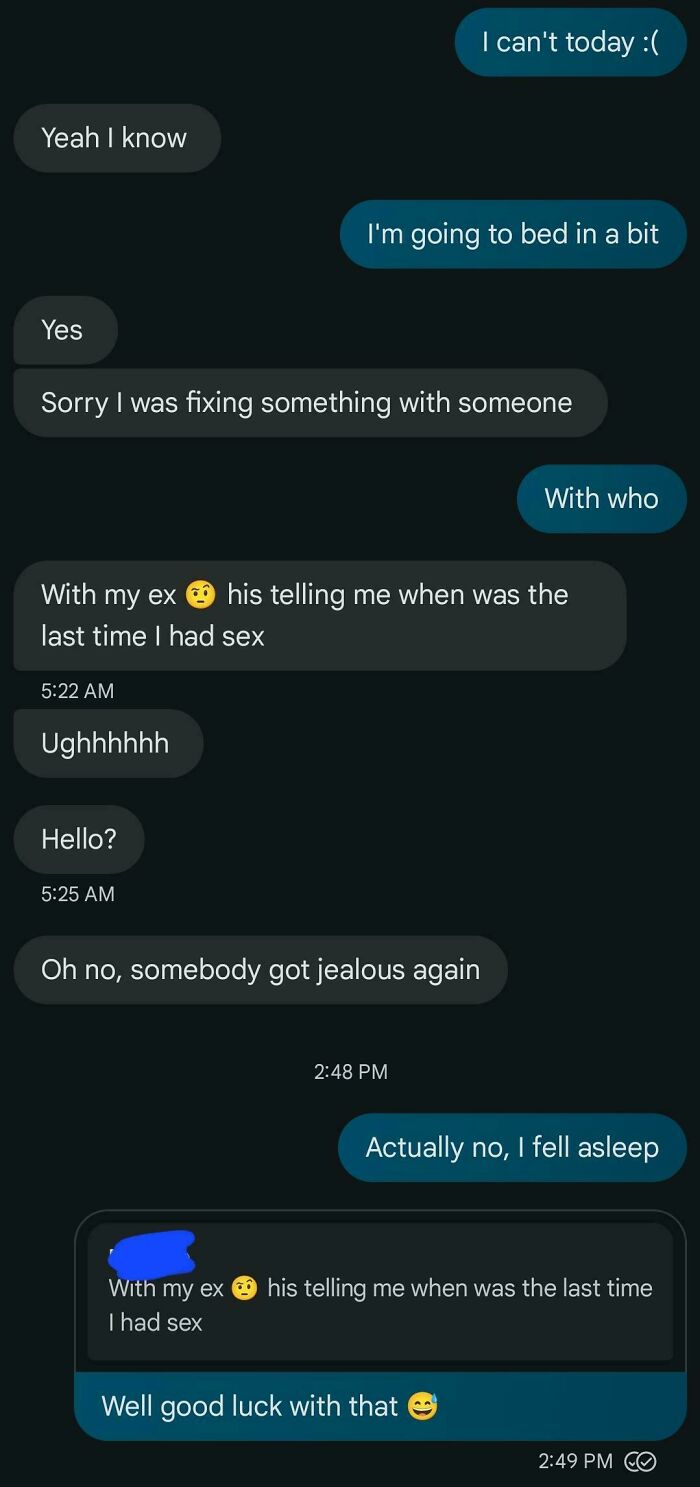 Text message exchange with a woman discussing a conversation about her ex.