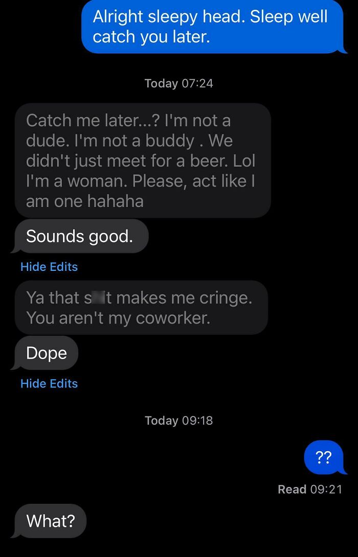 Text exchange between two people discussing informal language and reactions.
