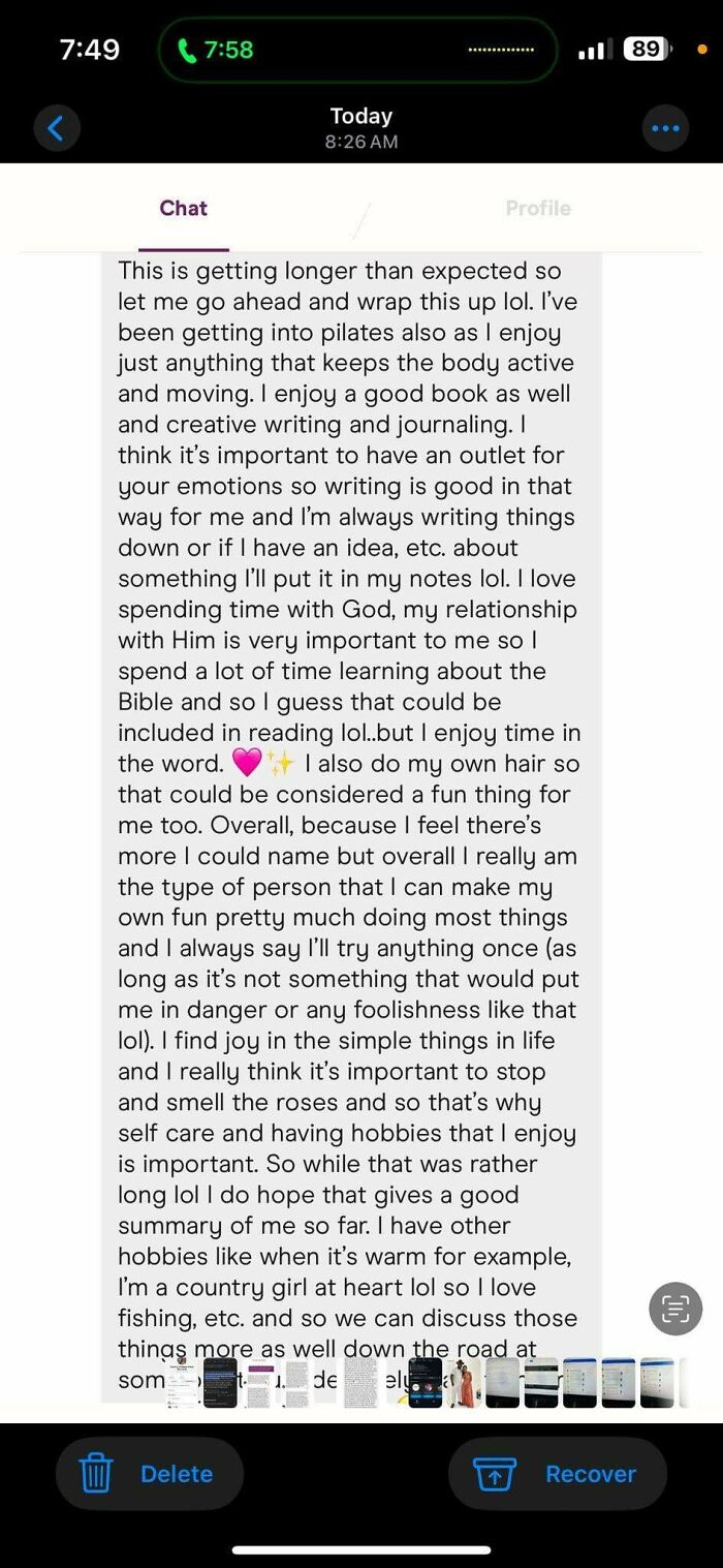 Text conversation screenshot focusing on self-reflection and personal hobbies.