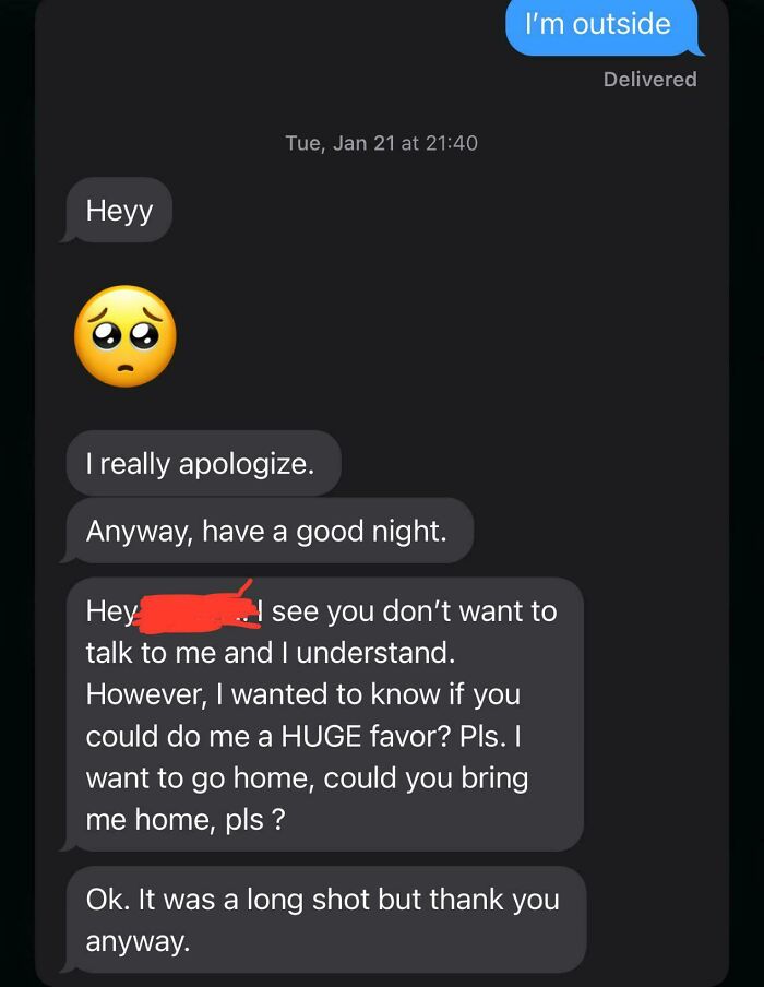 Text conversation with apology and request for a ride home from a woman needing a reality check.