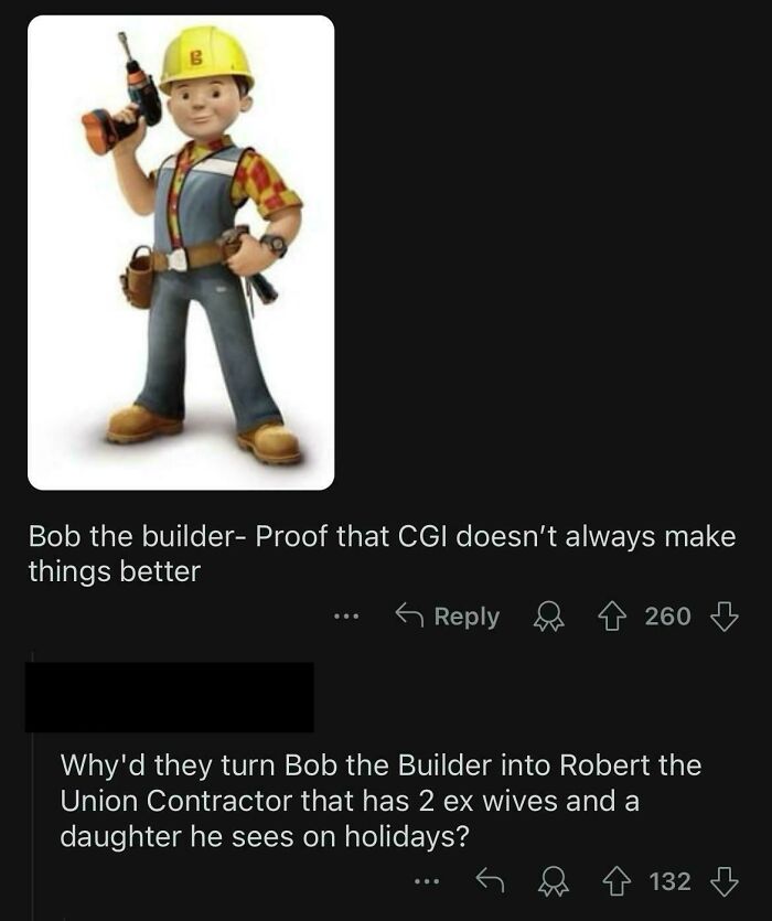 Bob the Builder CGI image with humorous comments highlighting unique sentences people said online.