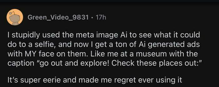 Screenshot of a social media post where a user shares a unique AI-related experience with generated ads using their selfie.