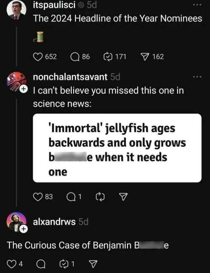 Screenshot of funny social media comments with unique sentences about an immortal jellyfish and a playful headline.