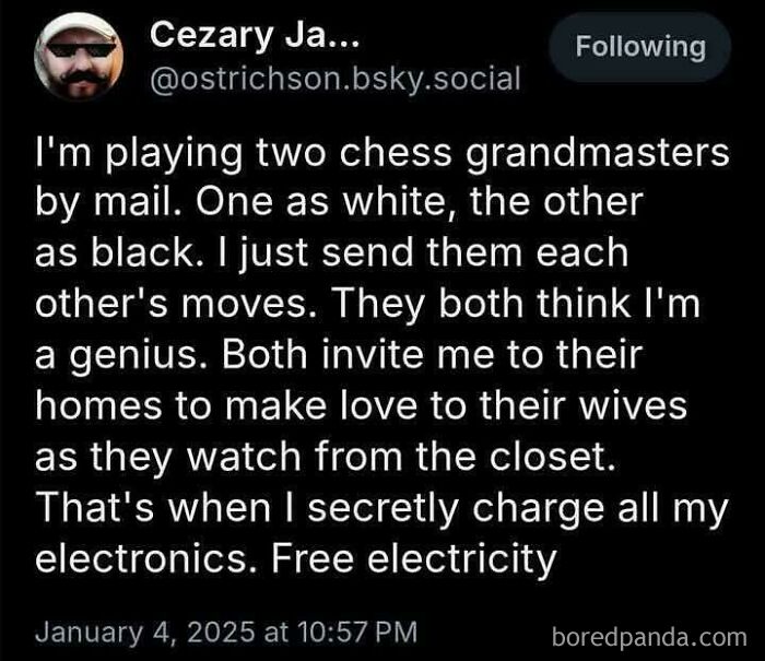 Screenshot of a humorous social media post about playing chess grandmasters by mail and secretly charging electronics.
