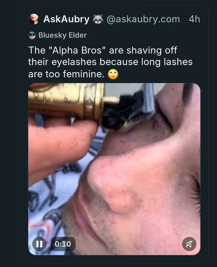 Man shaving off his eyelashes with an electric razor, illustrating unusual sentences only they could have come up with.