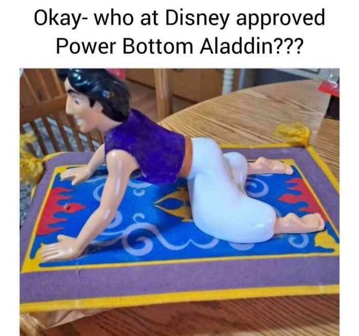 Aladdin figurine in a crawling pose on a magic carpet, highlighting a humorous and unique sentence caption.