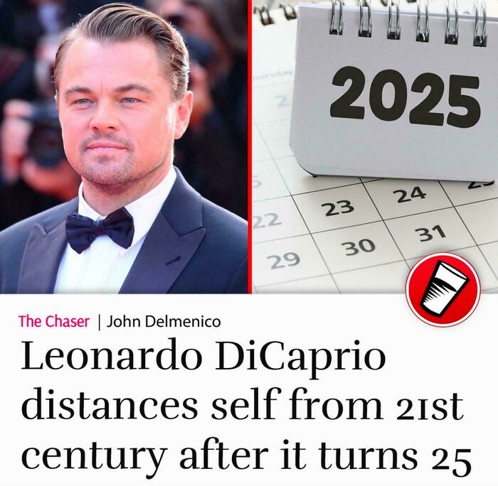Leonardo DiCaprio photo with 2025 calendar illustrating unique sentences only people could have come up with
